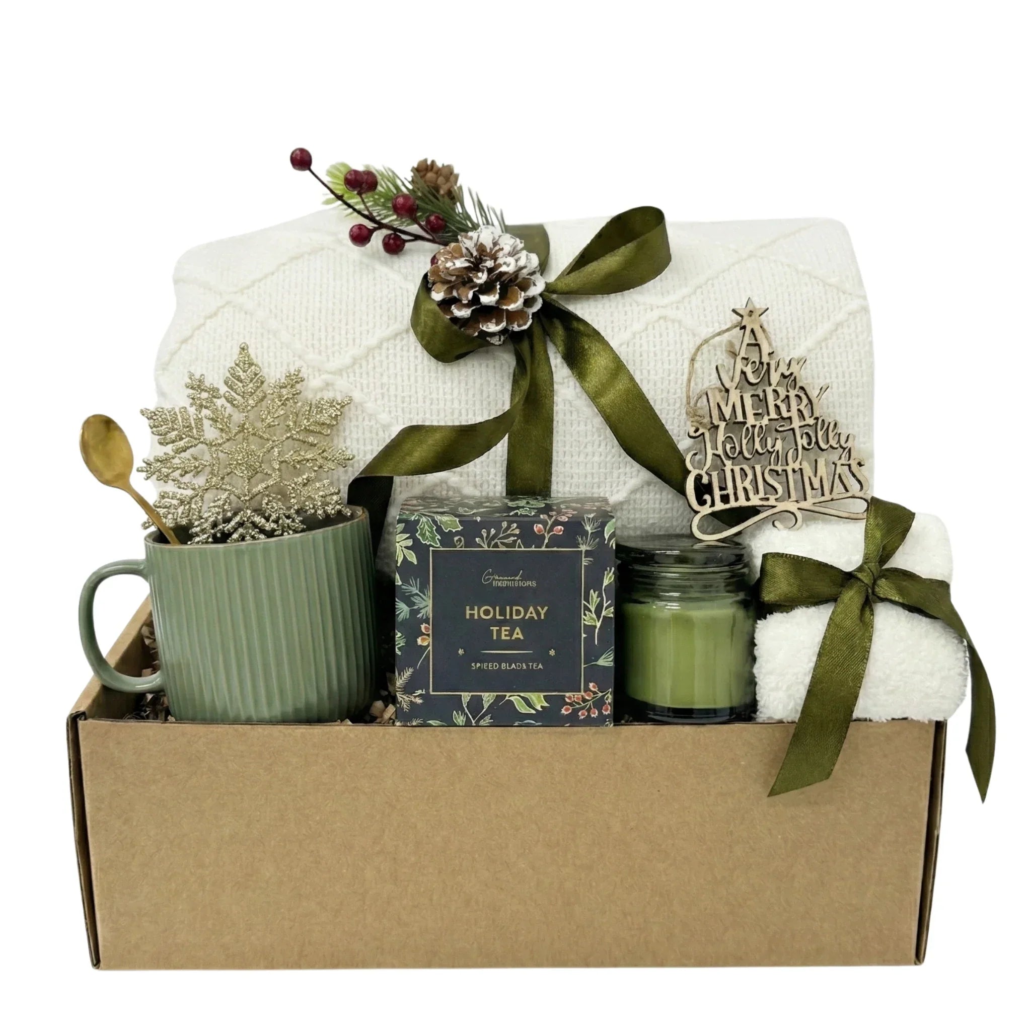 Holly Jolly Christmas Gift Box featured in the 2025 Holiday Gift Guide by Arinna Gifts. Includes cozy blanket, holiday tea, mug, and festive decor for holiday gifting from Dallas, TX.