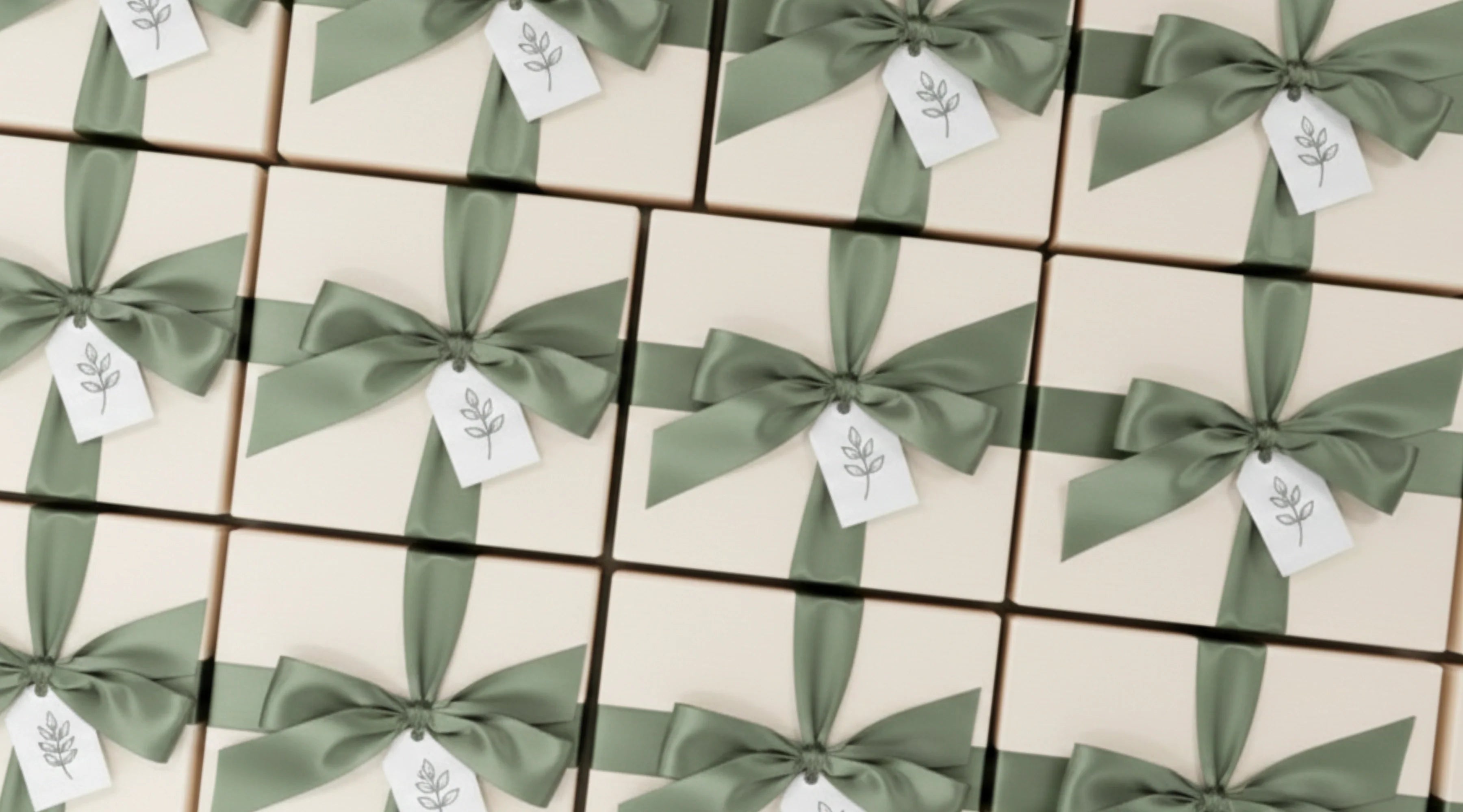 A professional lineup of identical, hand-packed corporate gift boxes with elegant ribbons, showcasing Arinna Gifts' bulk order and custom branding capabilities in Dallas, TX