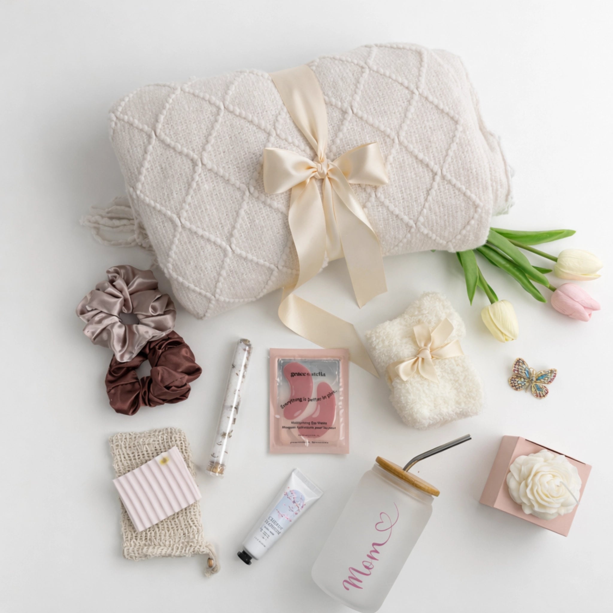 Always Mom gift box, Mother’s Day gift box for mom with throw blanket, glass tumbler, spa items flat lay by Arinna Gifts