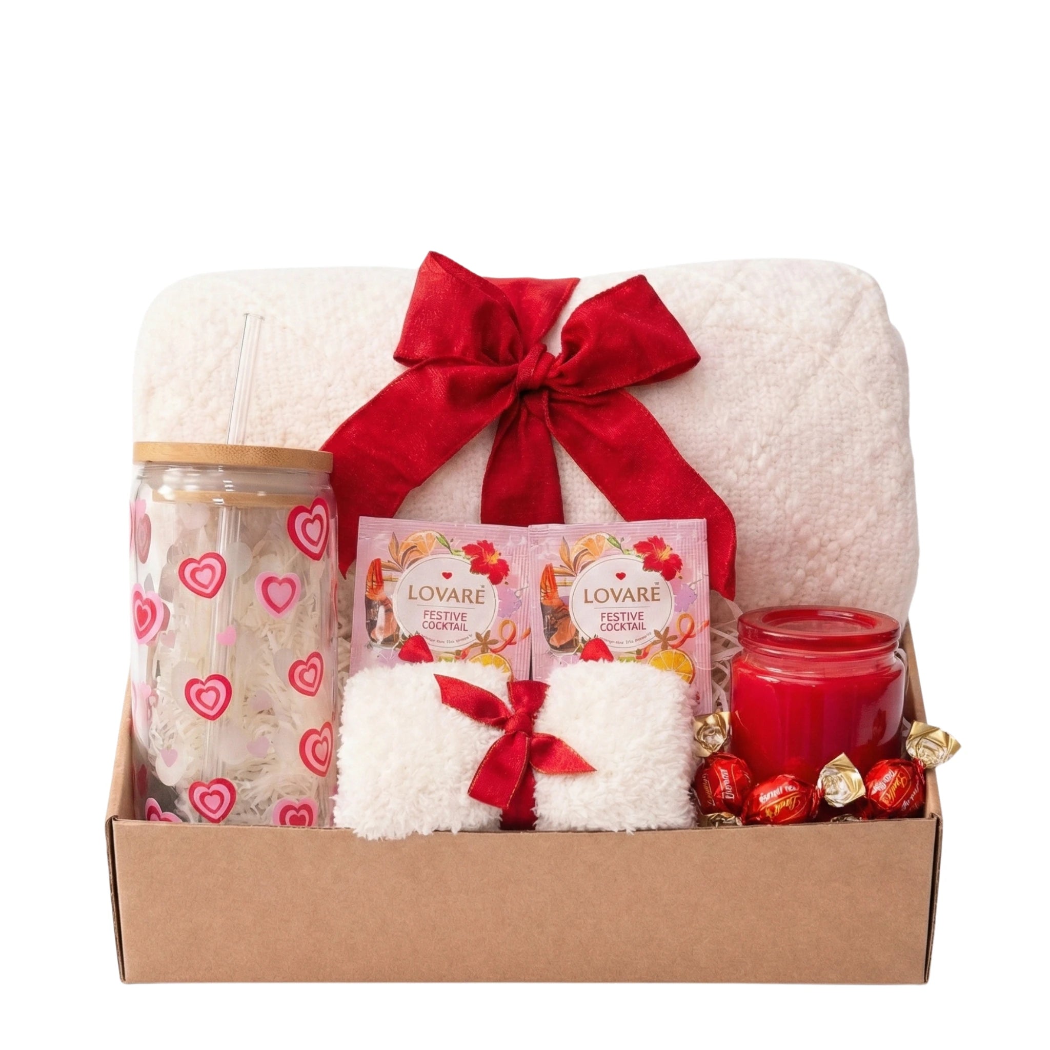 All My Love gift box featuring heart print glass cup, red candle, and Lindt chocolates by Arinna Gifts Dallas