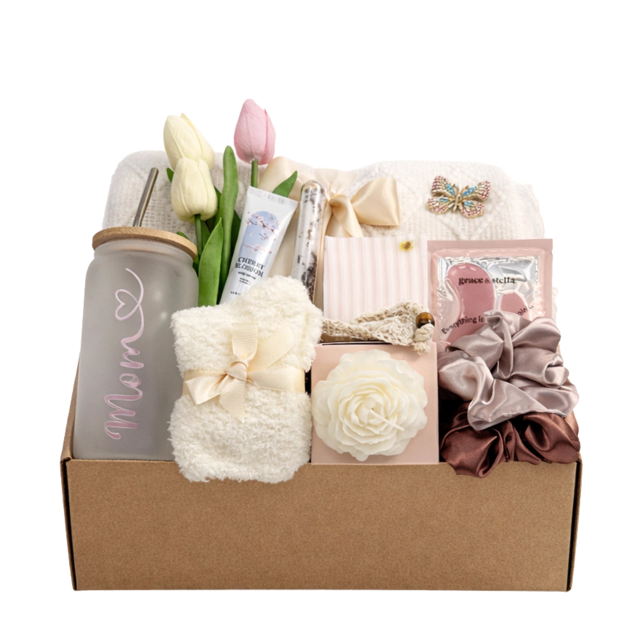 Mother’s Day gift box for mom with throw blanket, glass tumbler, spa items, socks, candle and self care gifts by Arinna Gifts
