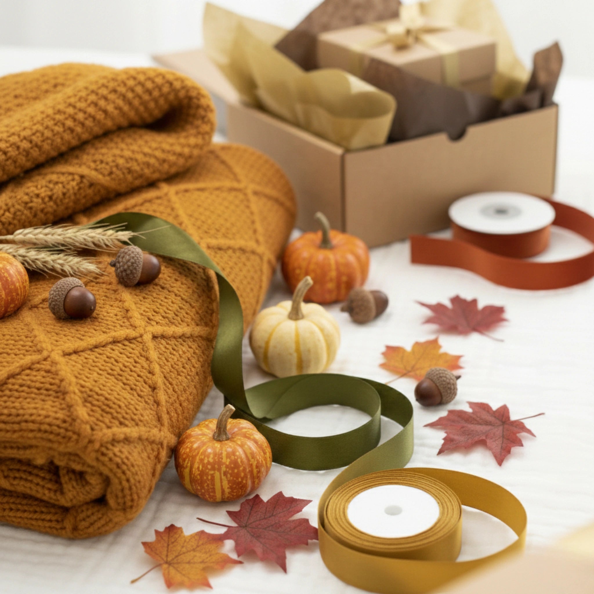 A cozy autumn-themed flat lay featuring a folded mustard yellow knit blanket, rolls of ribbon in mustard, olive green, and terracotta, small pumpkins, acorns, wheat stalks, and red maple leaves on a white surface, with a gift box in the background.