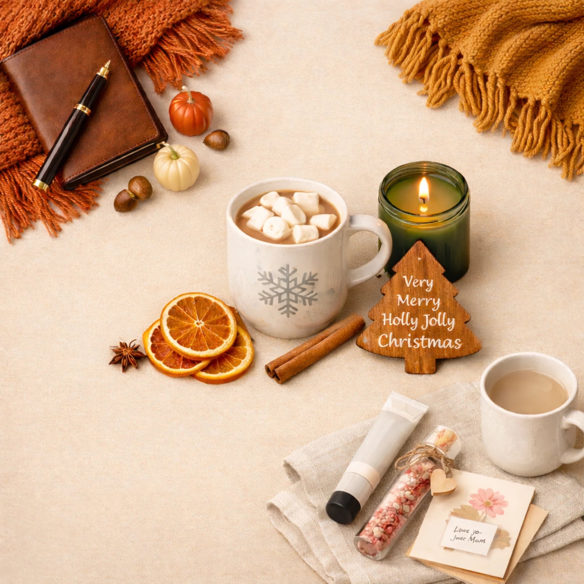 A curated lifestyle composition of seasonal products including a Christmas mug, fall-themed candle, Valentine's treats, and premium Mother's Day self-care essentials, hand-picked in Dallas by Arinna Gifts