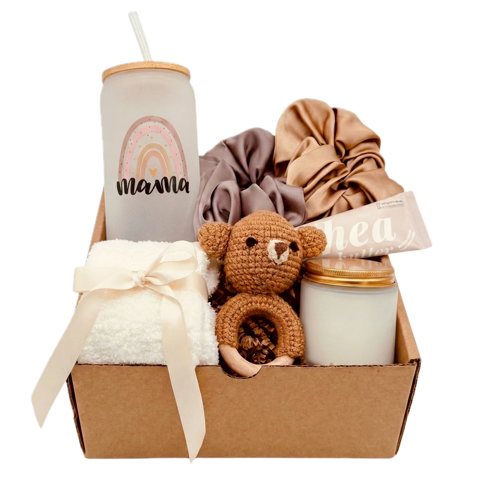 Baby Rattle gift box with Mama glass tumbler, bear rattle and satin scrunchies by Arinna Gifts in Dallas