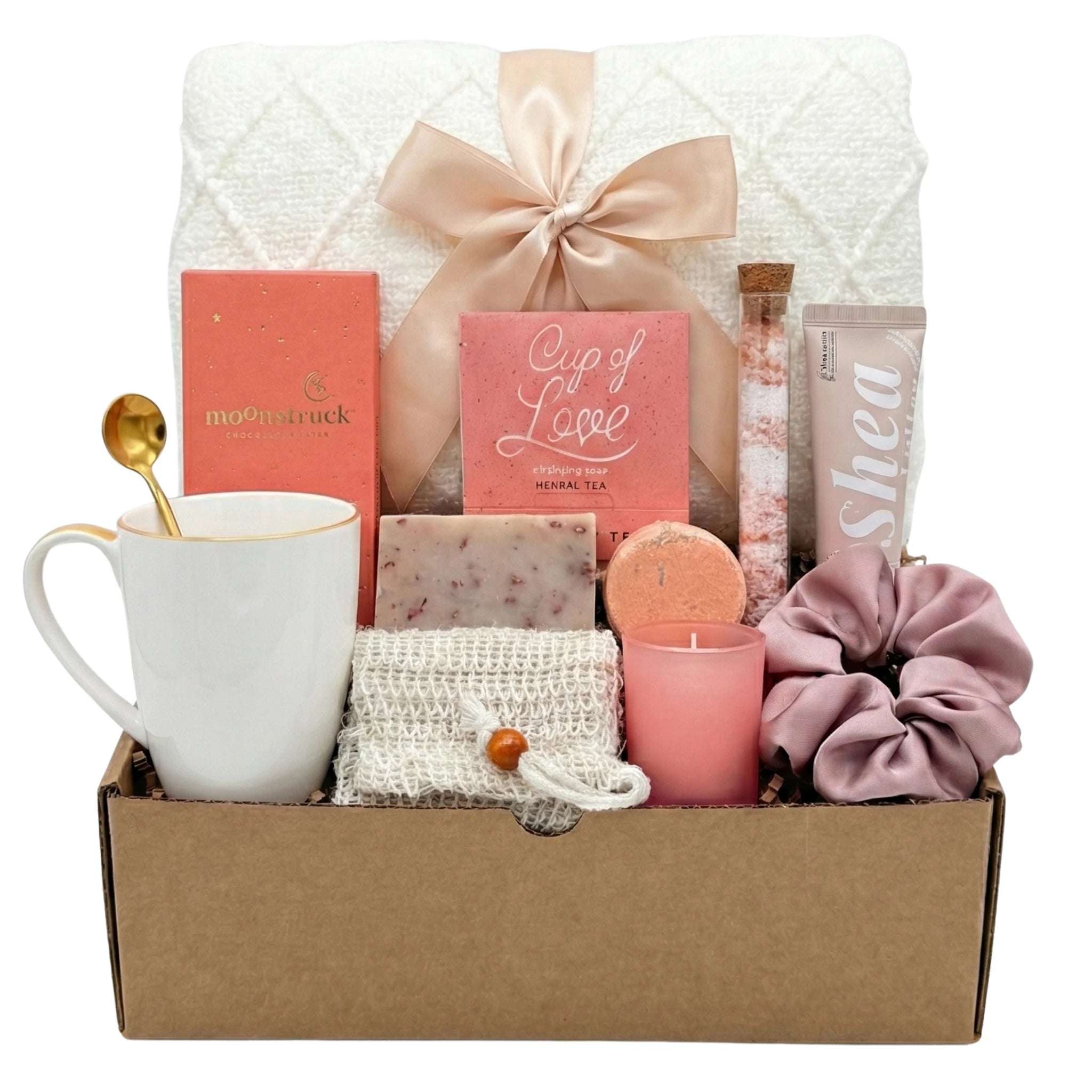 Beautifully Unique pink relaxation gift basket with blanket, tea and scrunchie by Arinna Gifts in Dallas