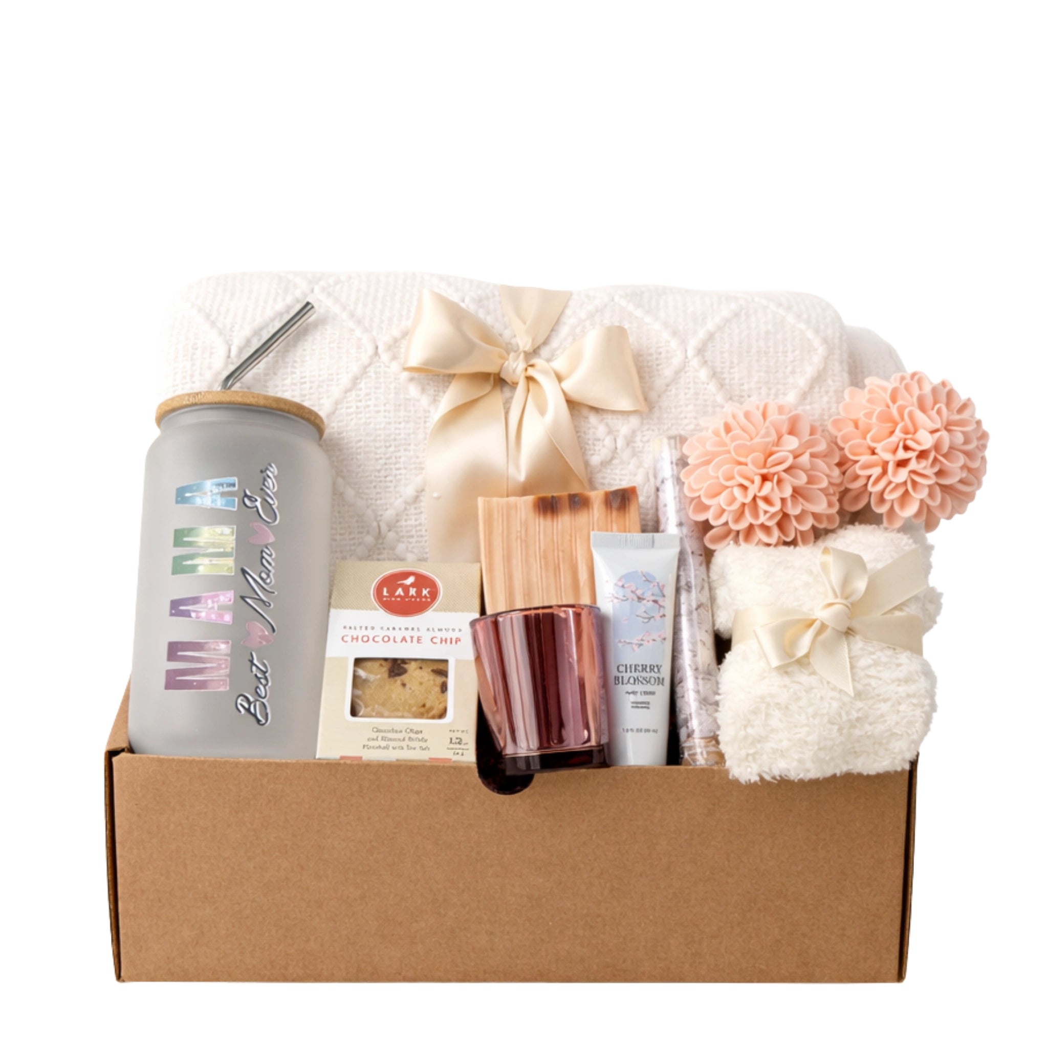 Best Mom Ever gift box with throw blanket, tumbler, fluffy socks, cookie and spa self care items