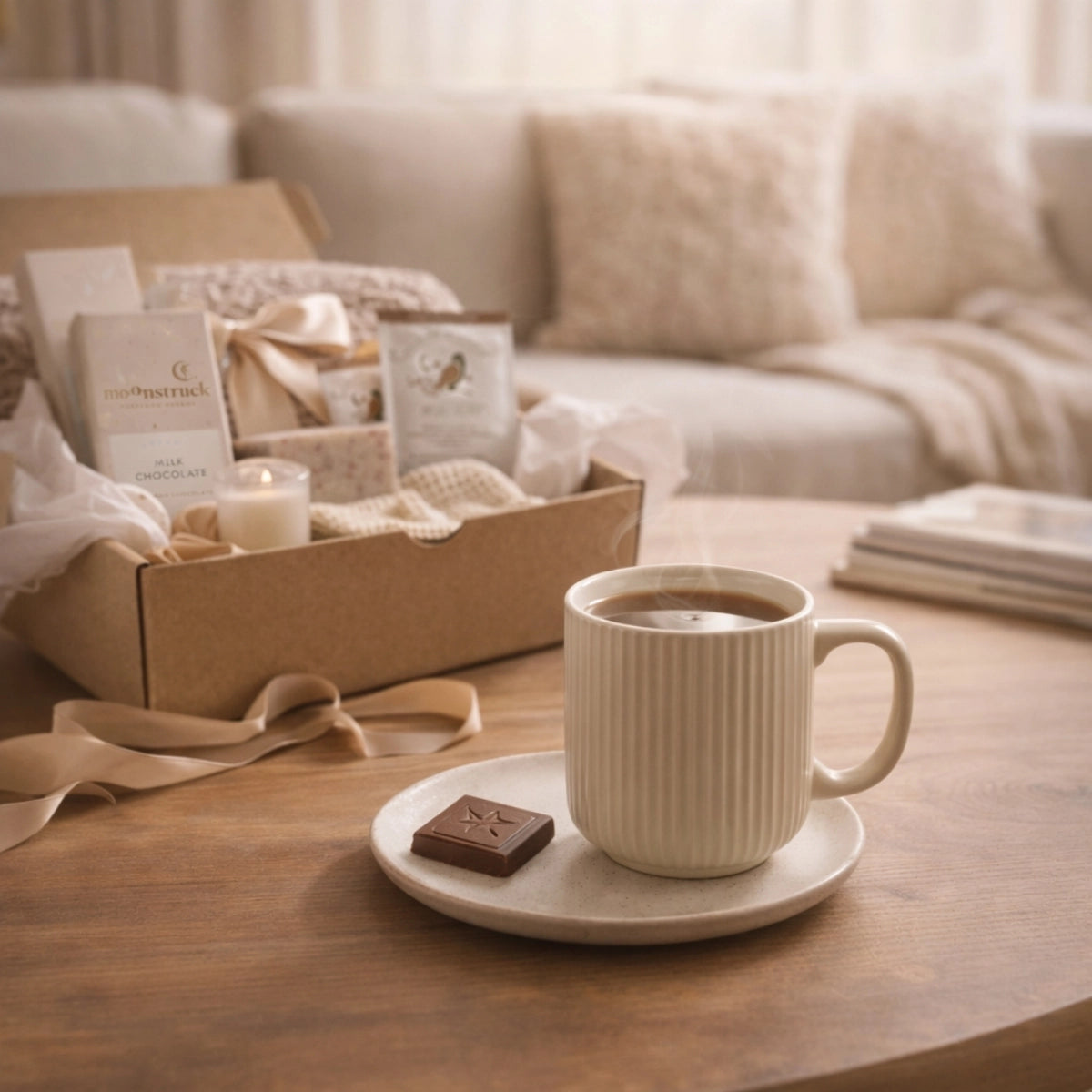 White mug with coffee on a wooden table, gift box with chocolates in the background, Arinna Gifts