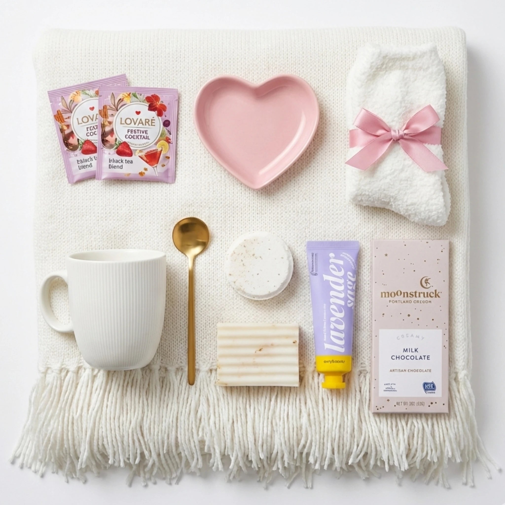 Top down flat lay view of Blush Romance Hug items including white fluted mug and lavender sage cream