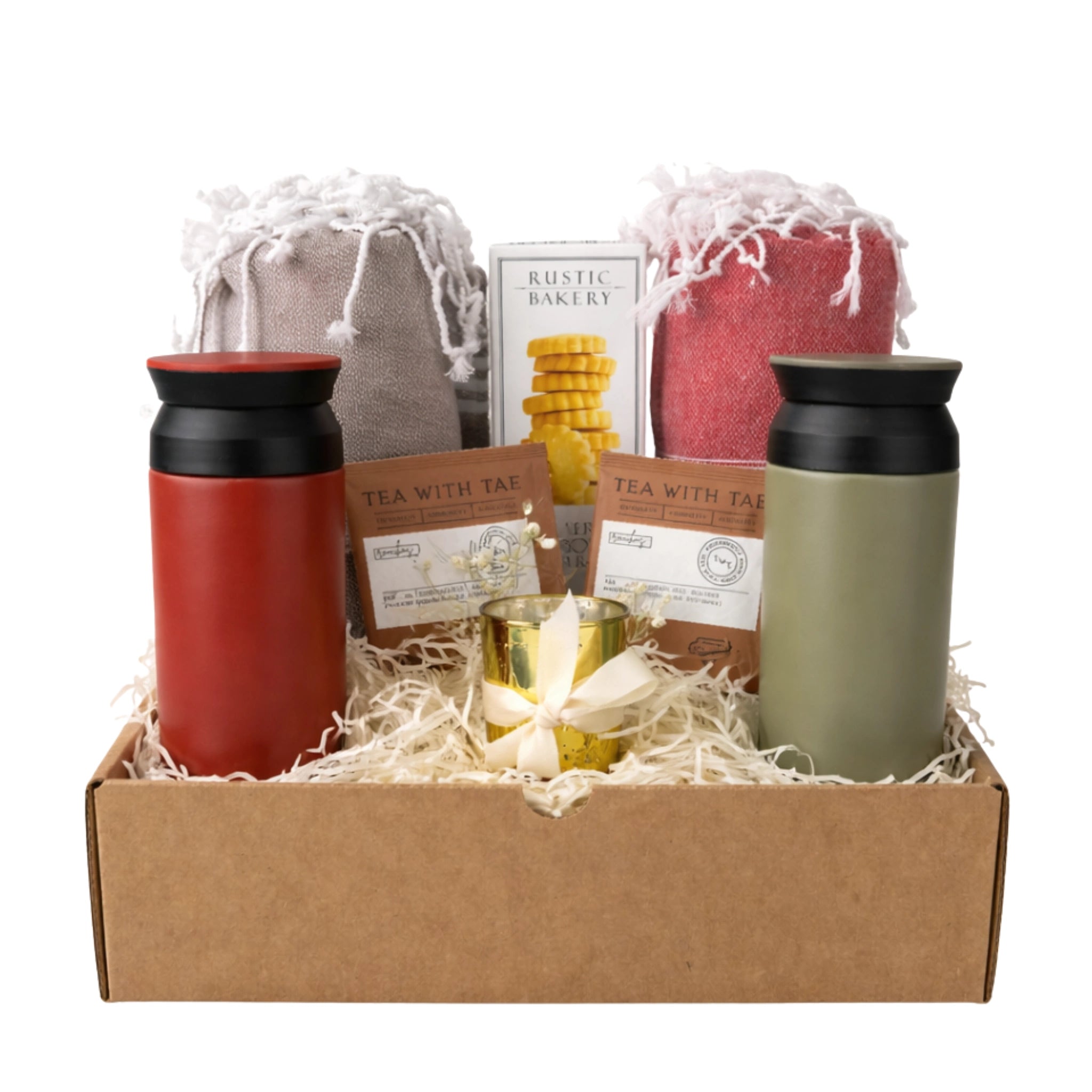 Coastal Escape couple gift box with Turkish cotton beach towels, insulated tumblers, herbal tea, shortbread cookies and candle holder in kraft gift box