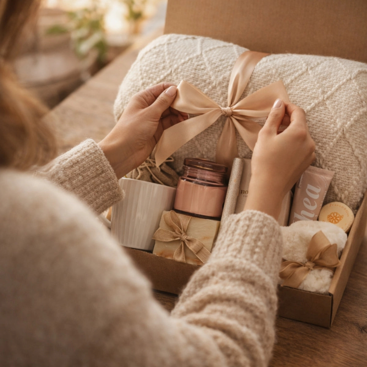 Person wrapping a gift with a bow, surrounded by other wrapped items on a wooden surface, Arinna Gifts.