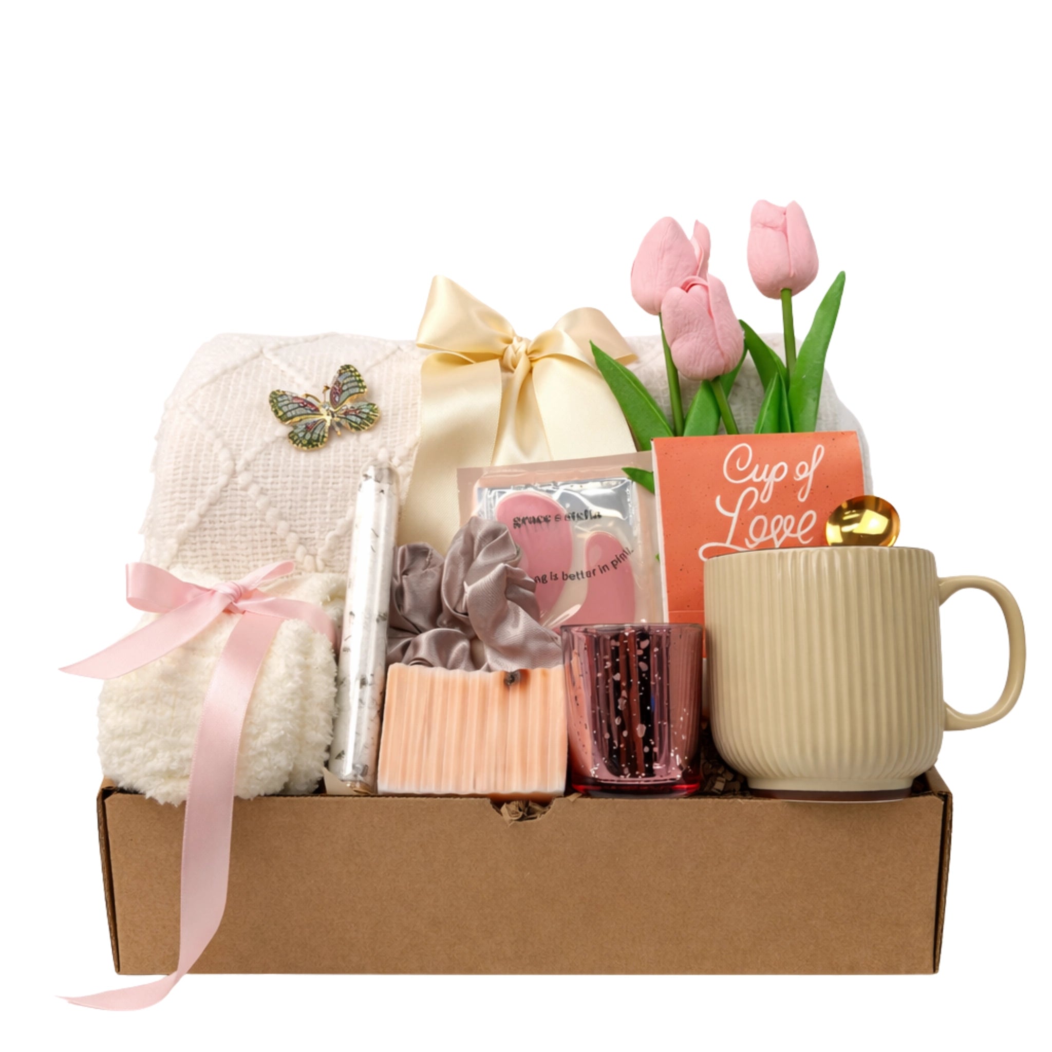 Cup of Love gift box with blanket, mug, tea, fluffy socks and spa self care items for women