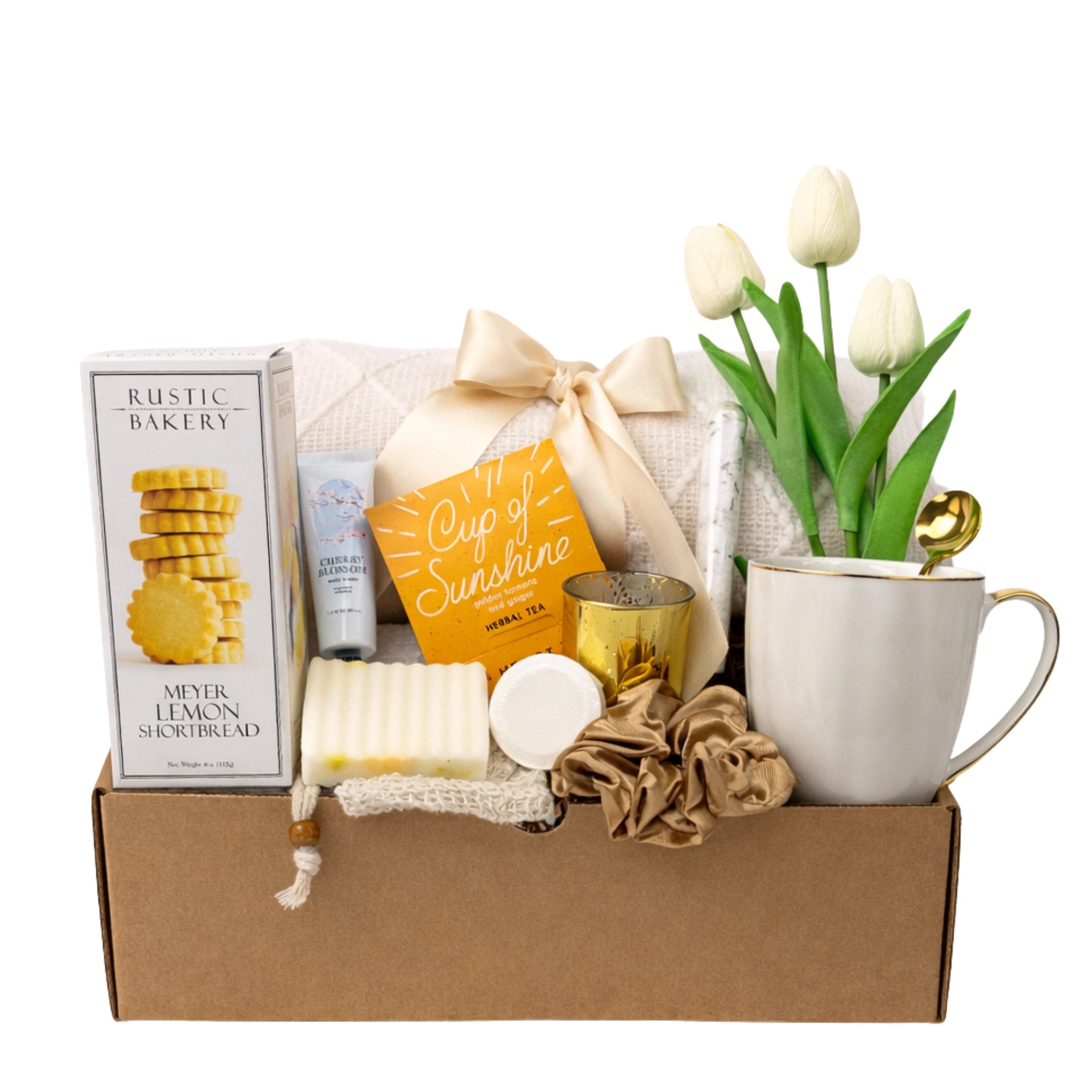 Cup of Sunshine gift box for women with throw blanket, tea, lemon shortbread cookies, mug and spa self care items by Arinna Gifts