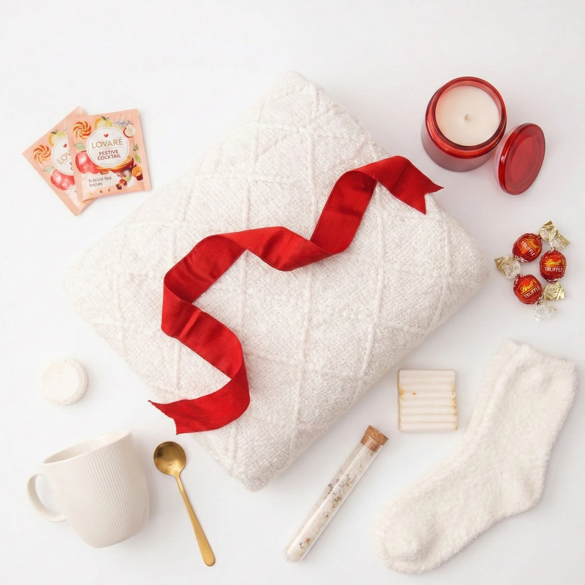 Top down flat lay view of Gentle Love box items including white knitted blanket and Lindt chocolates