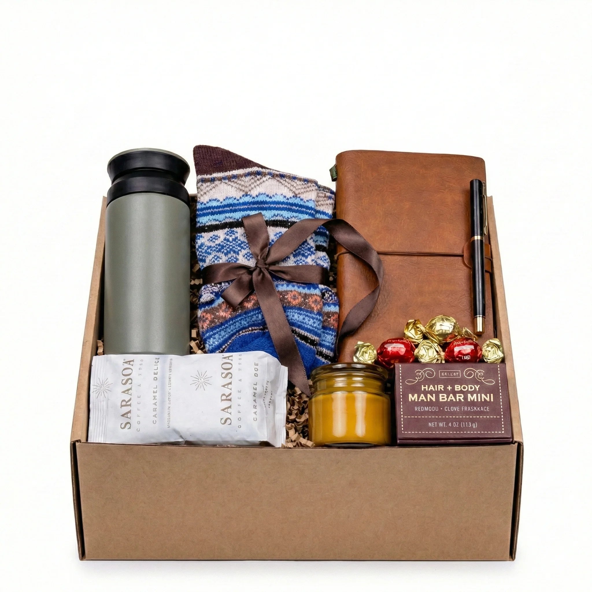 Gentleman's Comfort gift box with green tumbler, leather journal and wool socks by Arinna Gifts Dallas