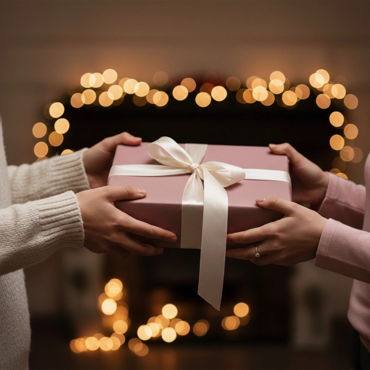 Two people holding a pink gift box with a white ribbon against a blurred background of warm lights.