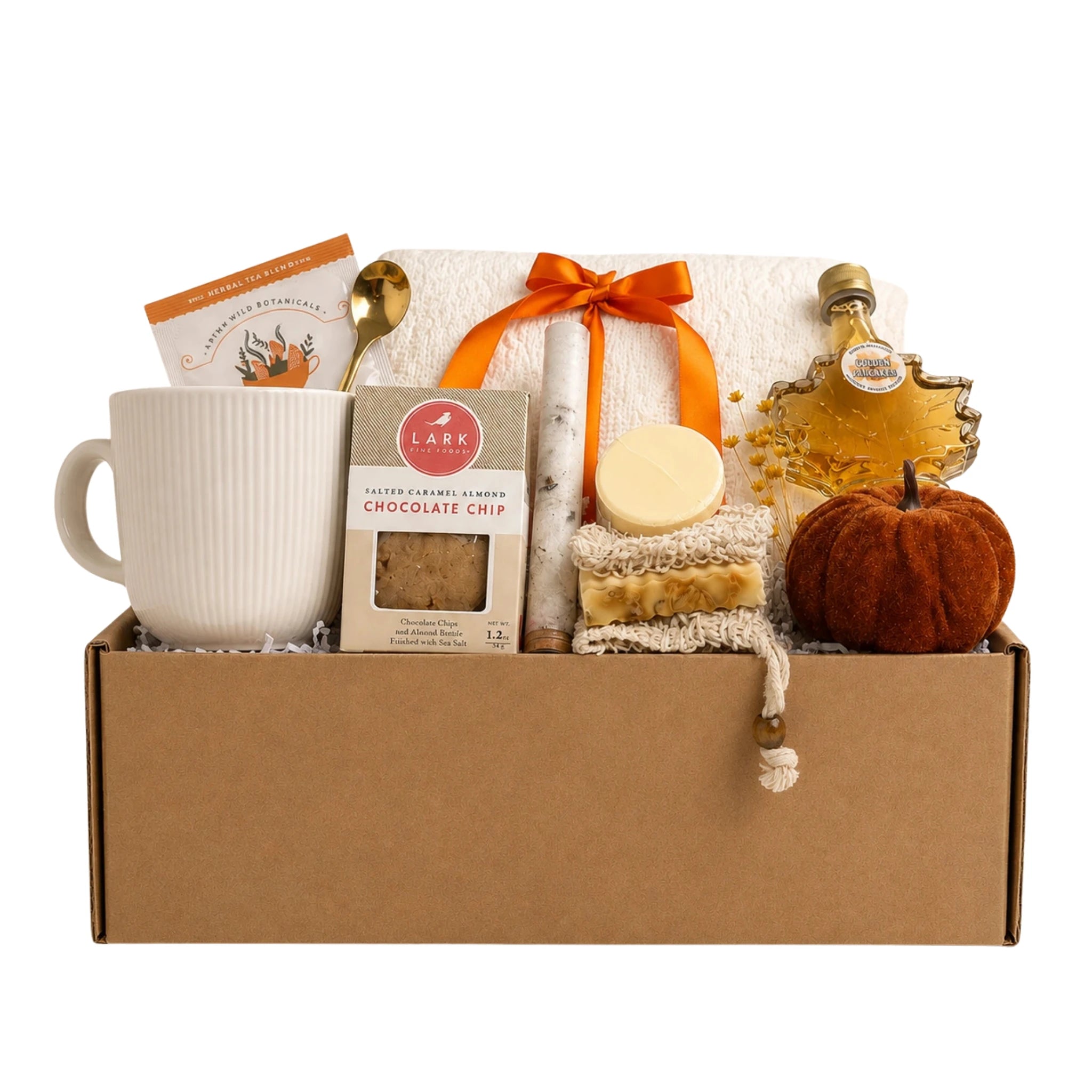 Hello Fall gift box with soft knit throw blanket, ribbed ceramic mug, maple leaf syrup, artisan soap, bath soak tube and velvet pumpkin for autumn care package