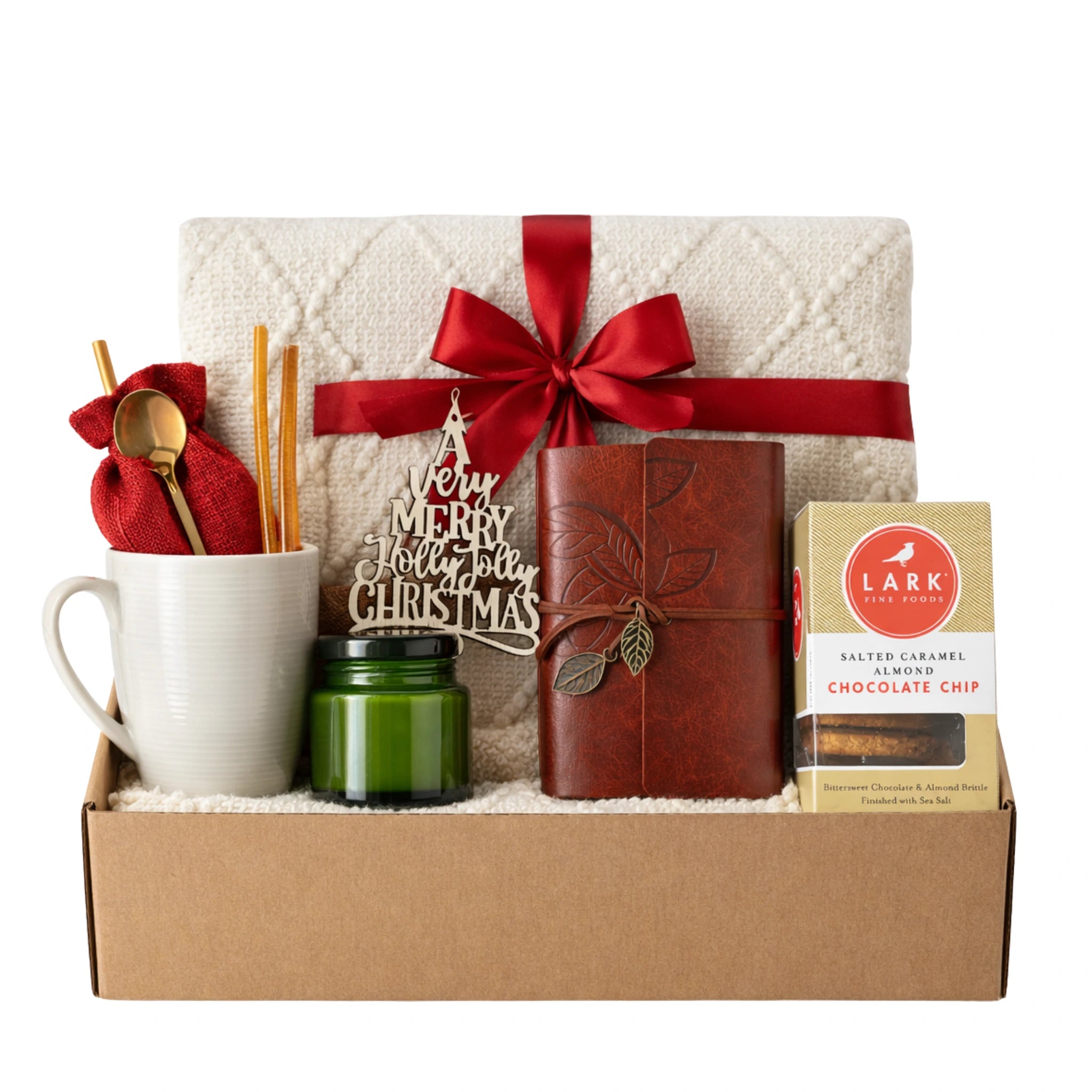 Holiday Warmth gift box eye level shot and featuring white knit blanket, candle, and chocolate chip cookies by Arinna Gifts Dallas