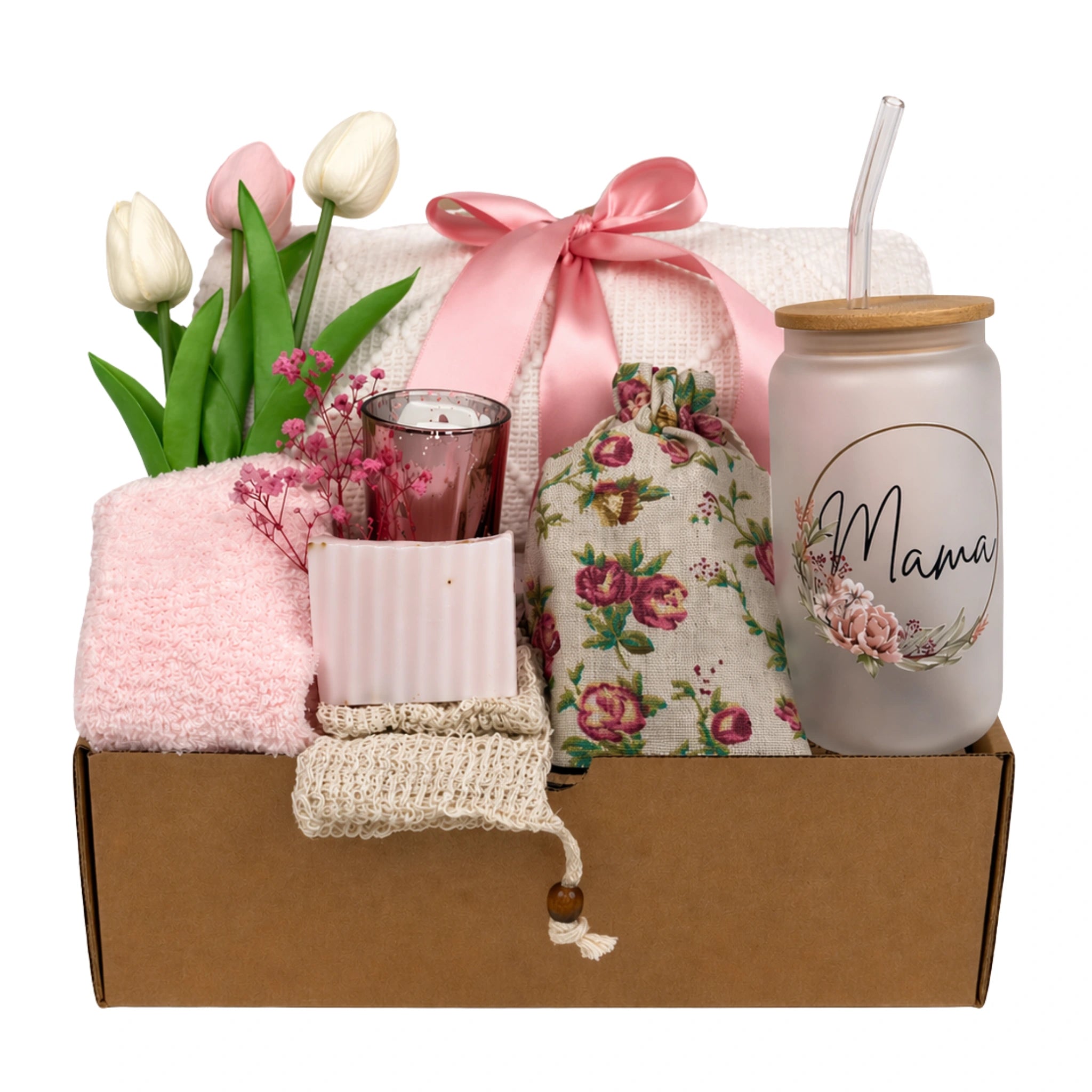 Hugs for Mama gift box with knit blanket, Mama glass tumbler, candle holder, cozy socks and self care items for Mother’s Day