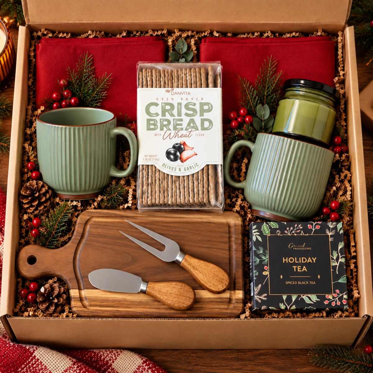 Overhead open box view of I'll Be Home Christmas gift basket packed with two sage ceramic mugs, acacia charcuterie board, cheese cutlery, flatbread, holiday tea box, green candle, crimson towels, and rustic pinecones with evergreen berries