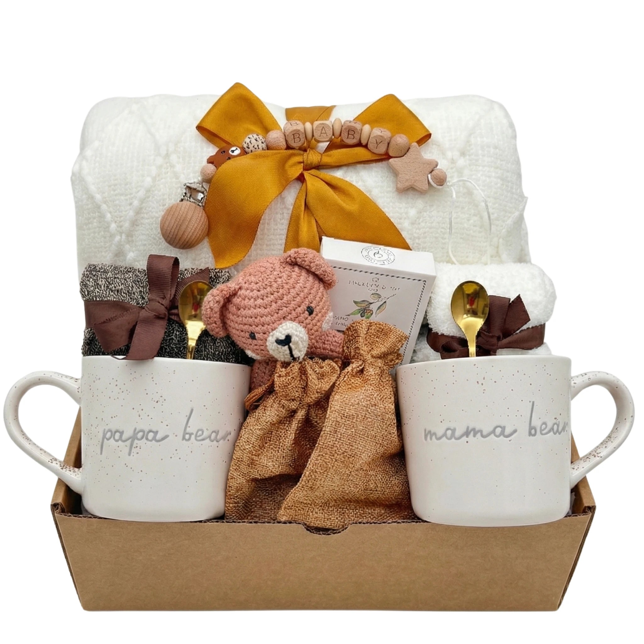 Little Arrival Box new parents gift set with matching Mama Bear and Papa Bear mugs, baby bear rattle toy, baby pacifier chain and knit blanket