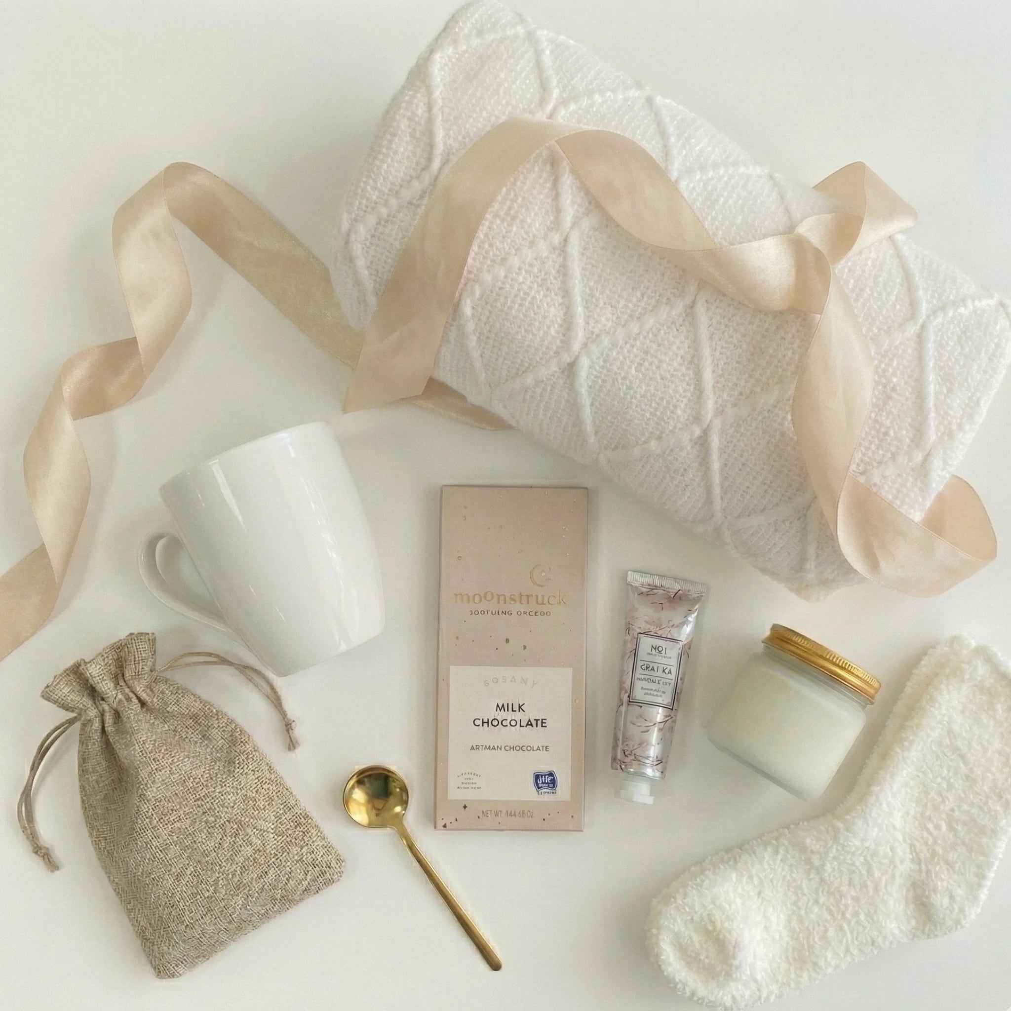 Top down flat lay view of Pure Serenity box items including candle and chocolate by Arinna Gifts Dallas