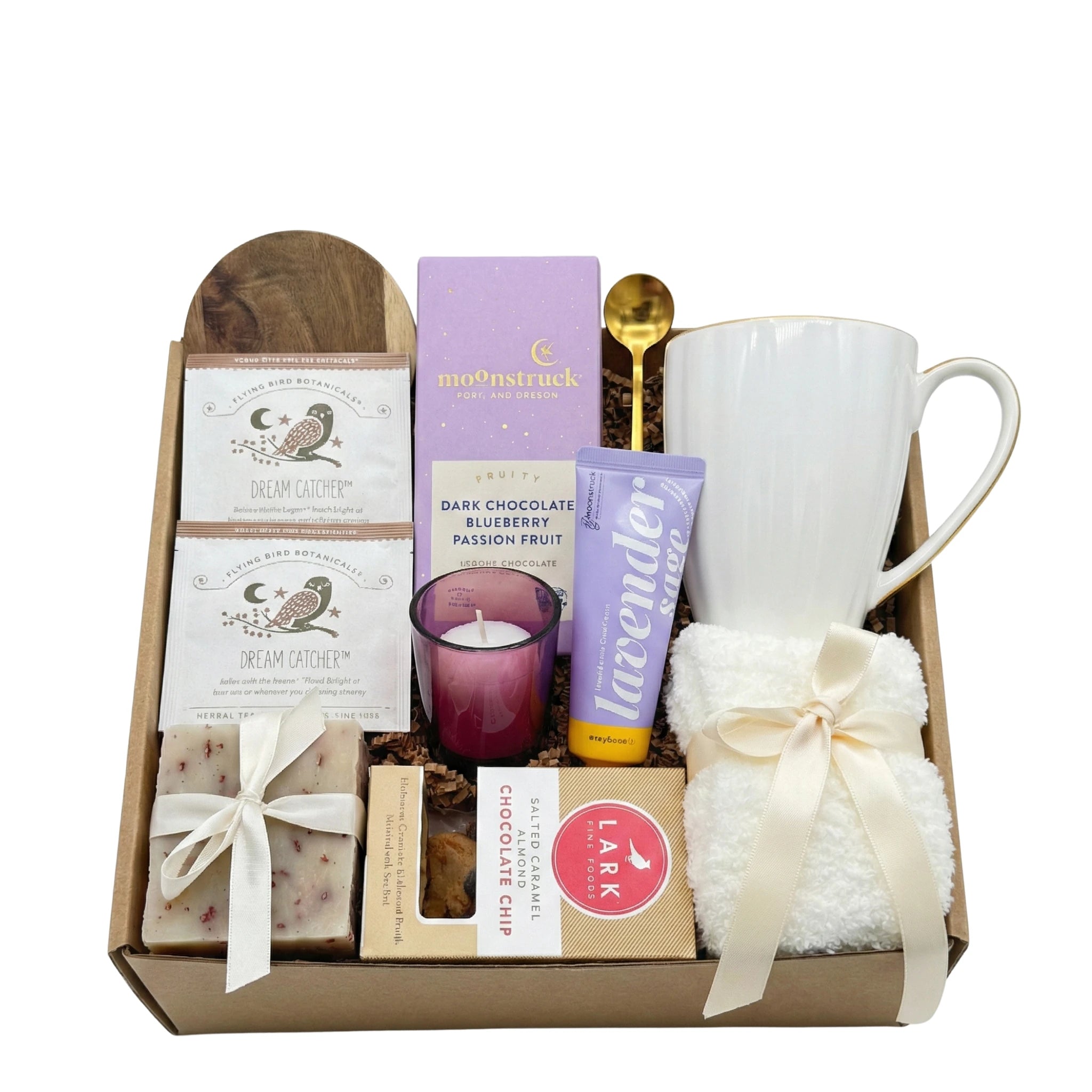 Respect Gift Box with lavender spa items, tea mug, and gourmet chocolate by Arinna Gifts Dallas