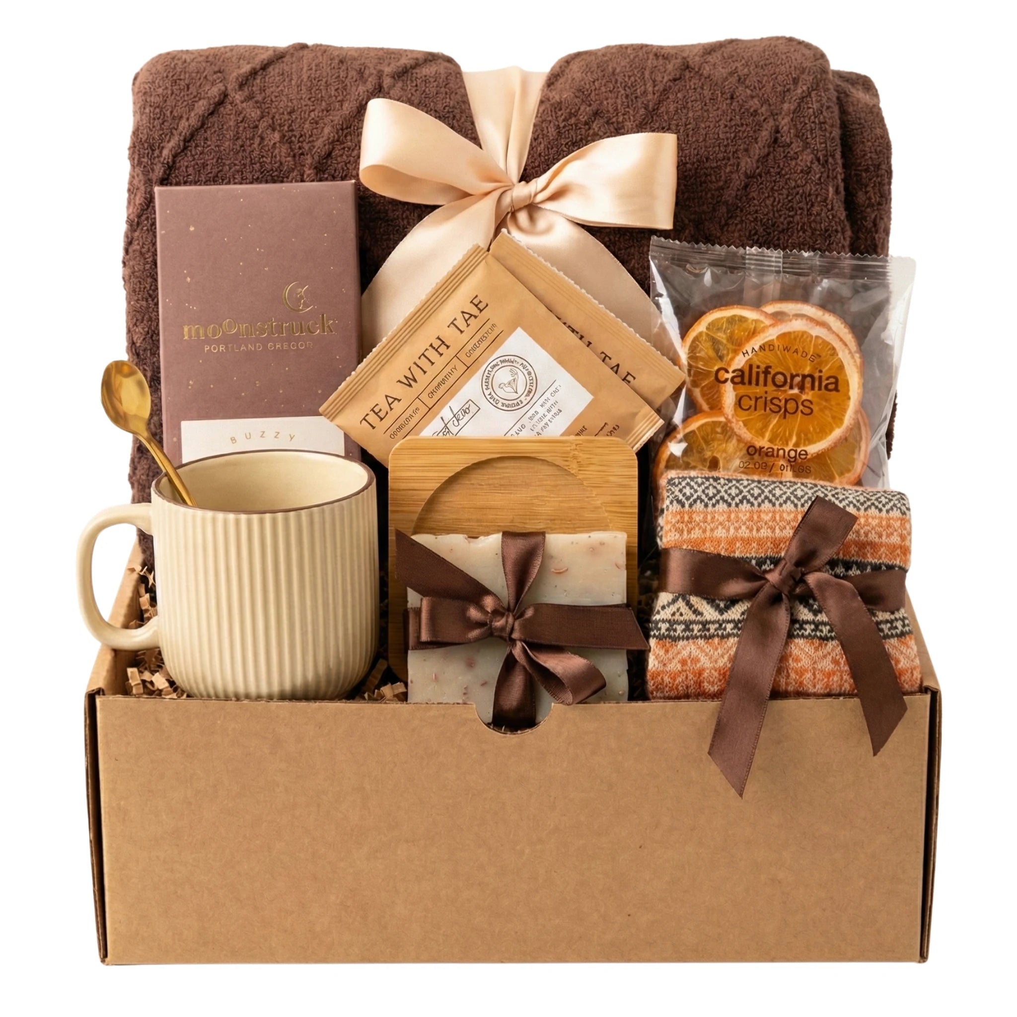 Simple Pleasures rustic gift basket with brown blanket, chocolate and dried oranges by Arinna Gifts in Dallas