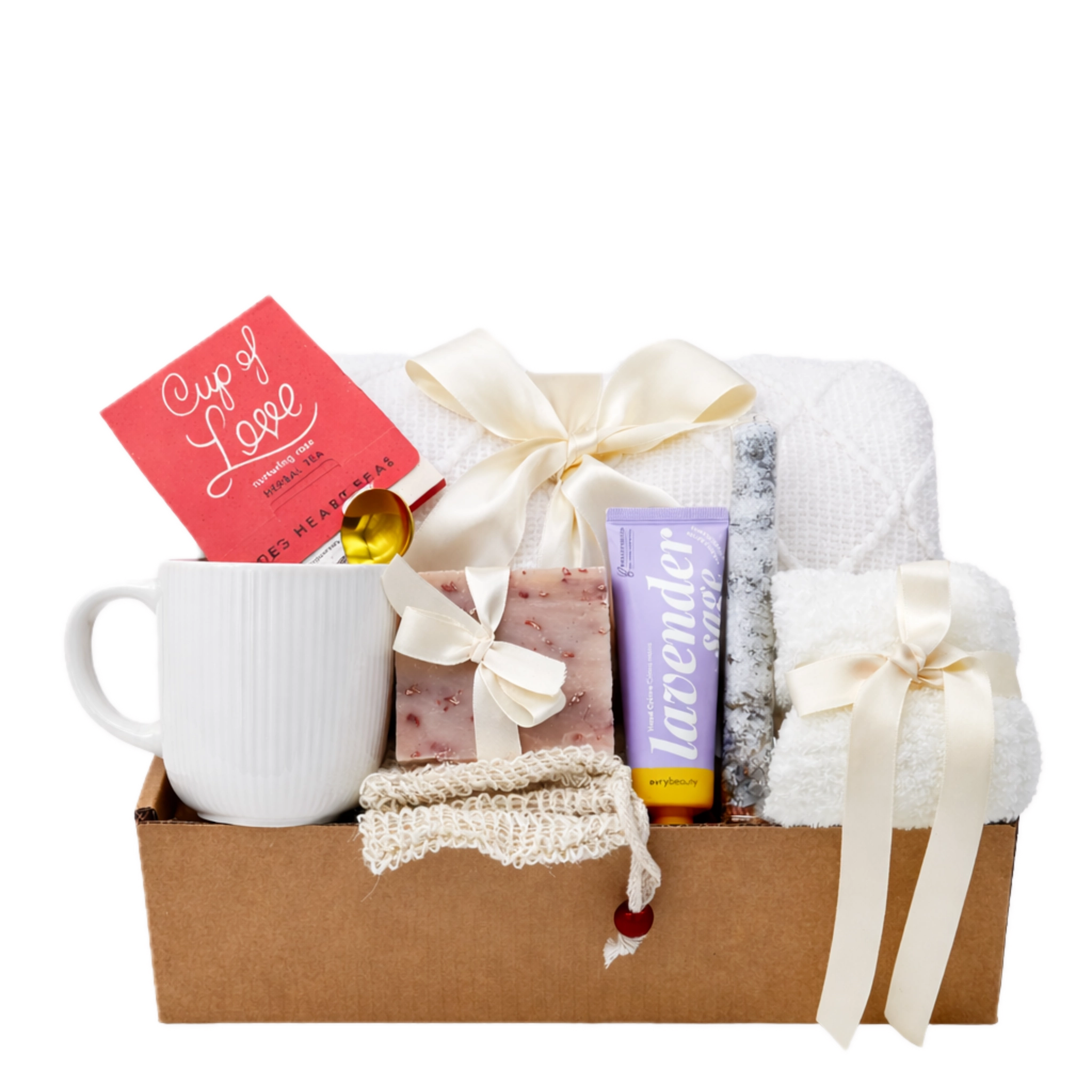 Spa On gift box featuring white knit blanket, Cup of Love tea, and lavender cream by Arinna Gifts Dallas