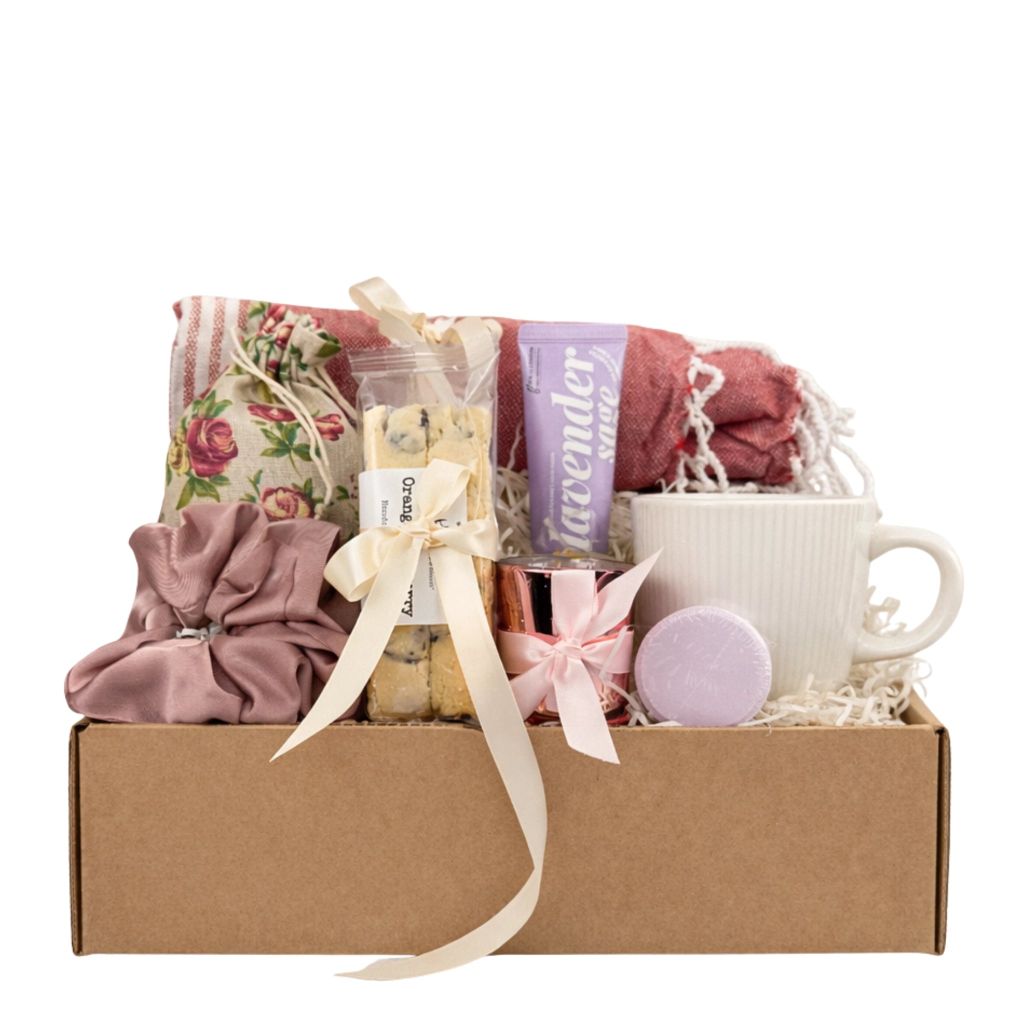 Take a Moment gift box for women with Turkish cotton towel, biscotti, mug, candle holder and spa self care items by Arinna Gifts