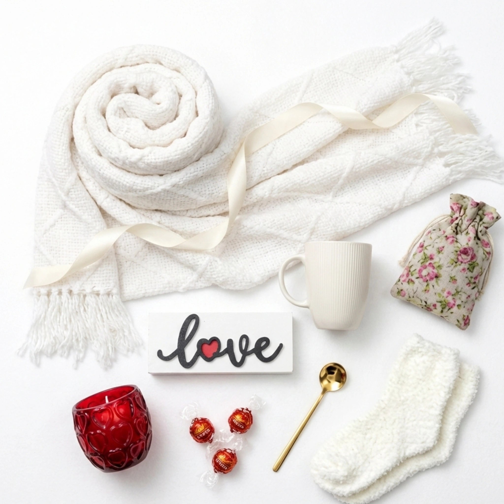 Top down flat lay view of romantic gift set items including knit throw and ceramic mug