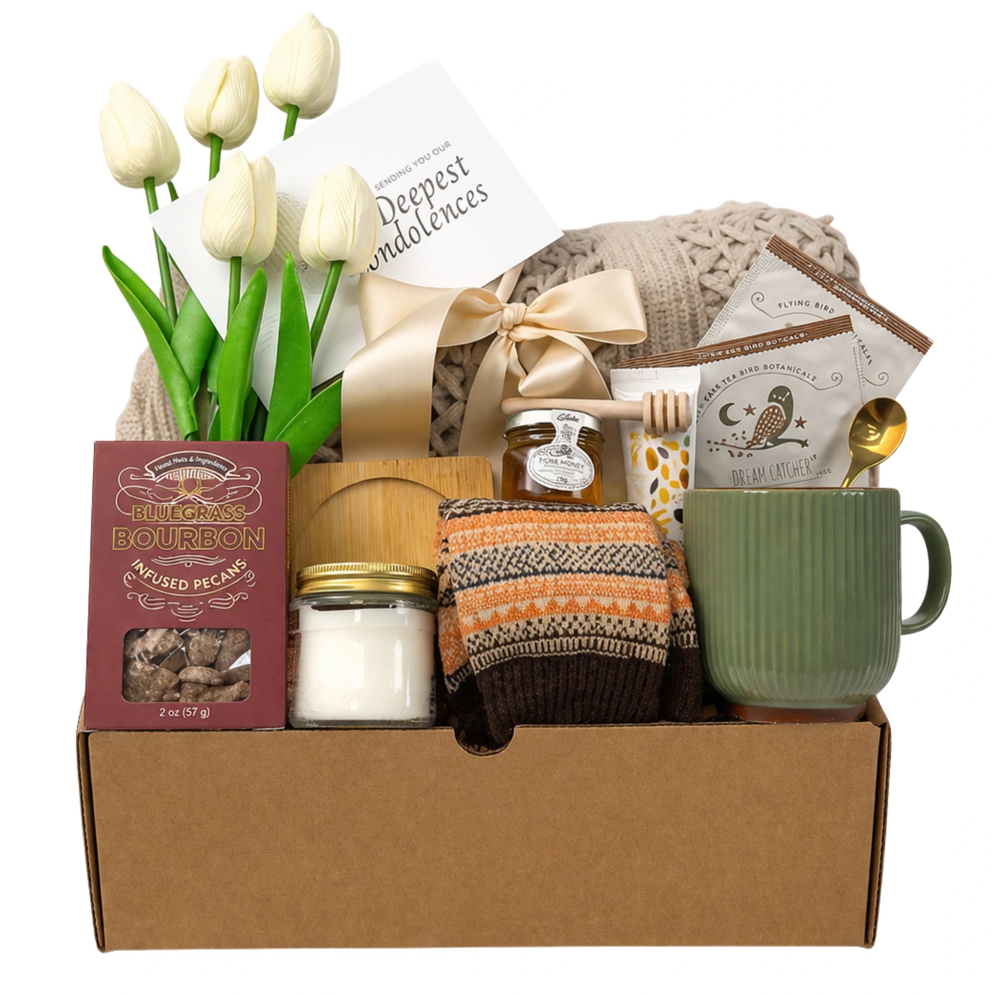 With sympathy gift box with blanket, tea, honey, candle and condolences card condolence care package