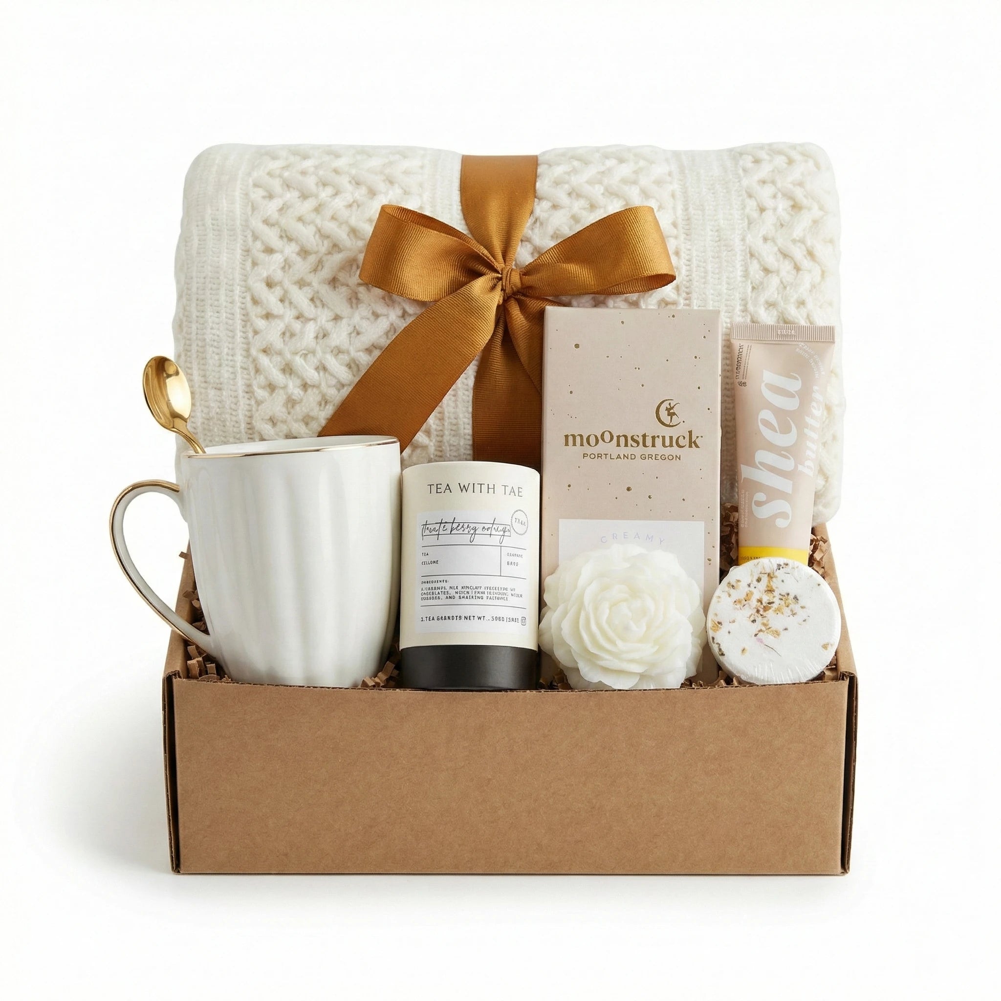 You Matter self-care gift basket with white blanket, fluted mug, and rose candle by Arinna Gifts in Dallas