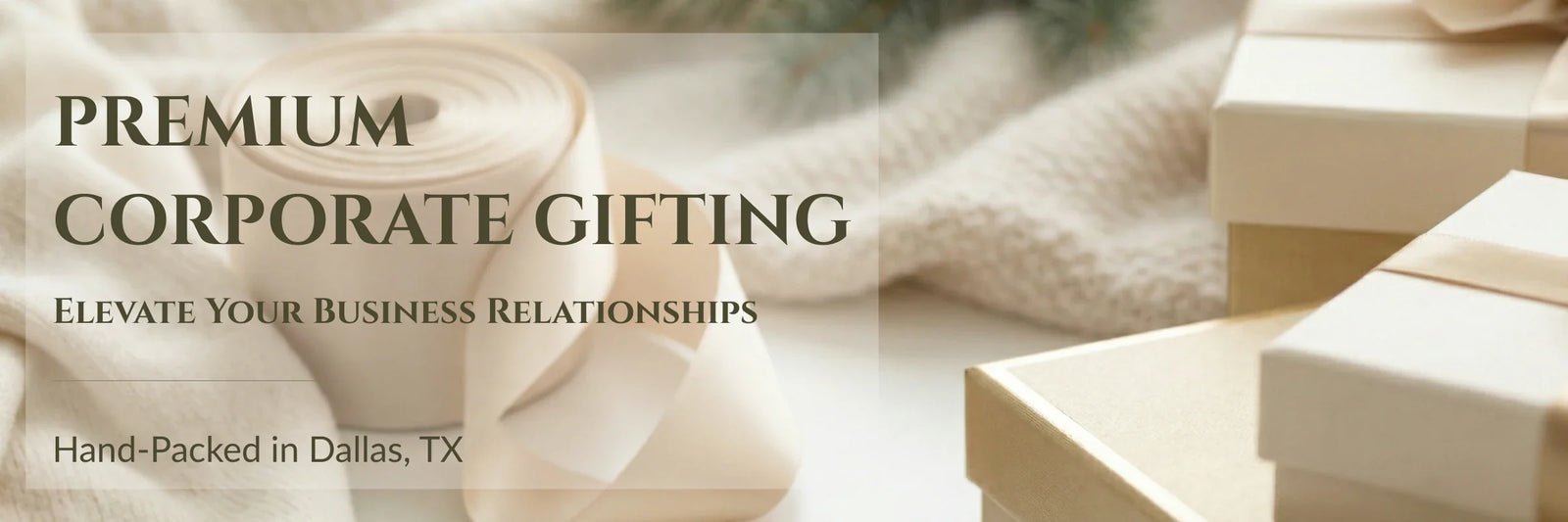Elegant corporate gift boxes with gold accents and beige ribbon. Premium client appreciation and employee gifts, hand-packed in Dallas, TX by Arinna Gifts.