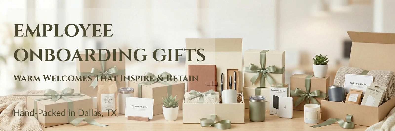 Collection banner featuring curated employee onboarding gift boxes with leather journals, tech accessories, and cozy essentials for new hires by Arinna Gifts.