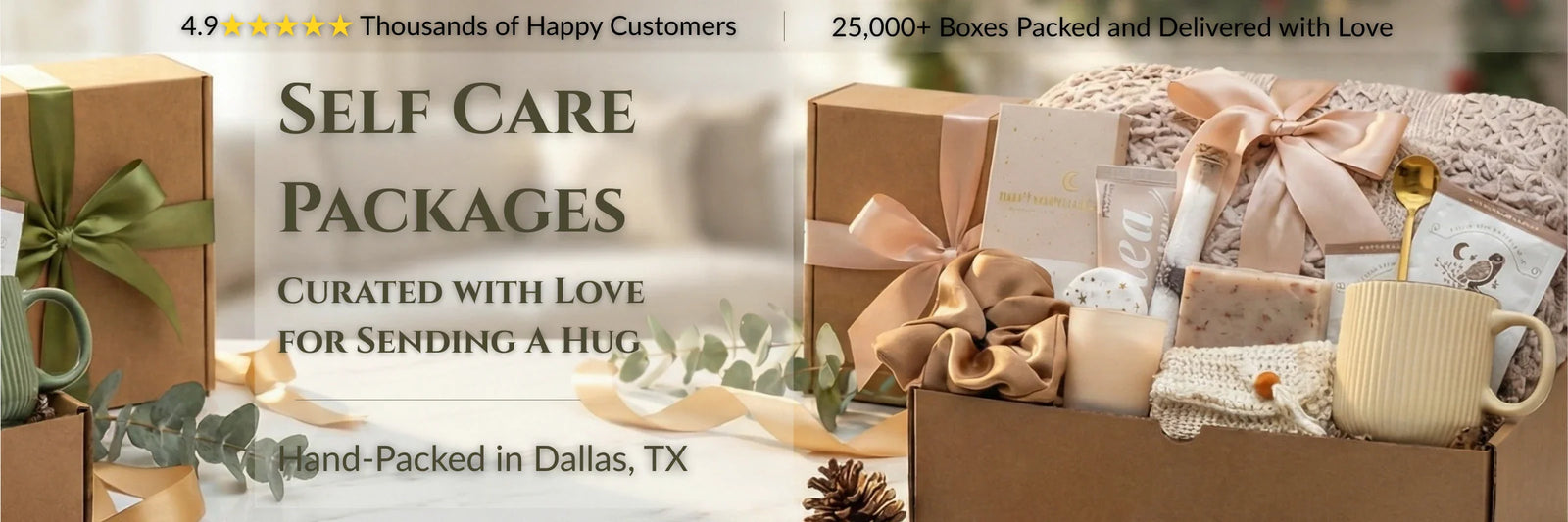 Curated care package collection by Arinna Gifts featuring 'Hug in a Box' gift sets. Hand-packed in Dallas, TX with premium self-care items like cozy socks and candles. Perfect for get well soon, sympathy, and thinking of you gifts. 
