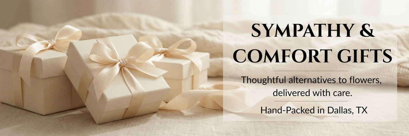 Curated sympathy and comfort gift box containing a cozy beige knit blanket, ceramic mug, calming tea, honey, and a soy candle. A thoughtful bereavement care package alternative to traditional funeral flowers. Prepared in Dallas, TX.