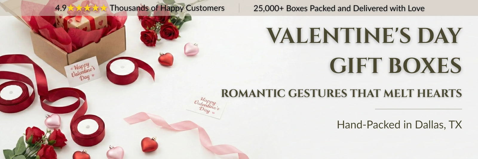 Valentine’s Day collection hero banner featuring red roses, hearts, ribbons and gift box by Arinna Gifts Dallas