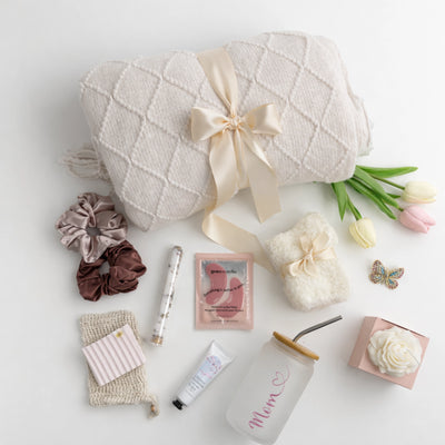 Always Mom gift box, Mother’s Day gift box for mom with throw blanket, glass tumbler, spa items flat lay by Arinna Gifts