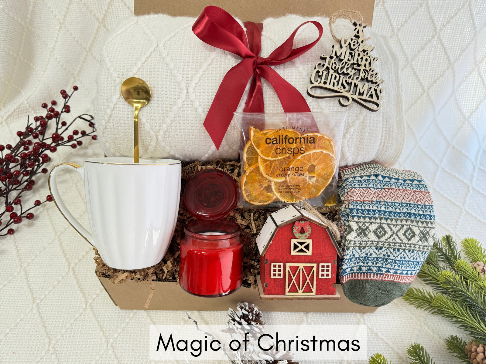 Magic of Christmas Gift Box with White Knitted Throw Blanket, Coffee Mug and Nordic Socks by Arinna Gifts in Dallas
