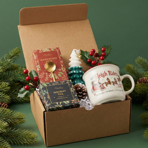 Christmas Time gift box with chocolate chip cookies, tree candle and Sleigh Rides Coffee Mug