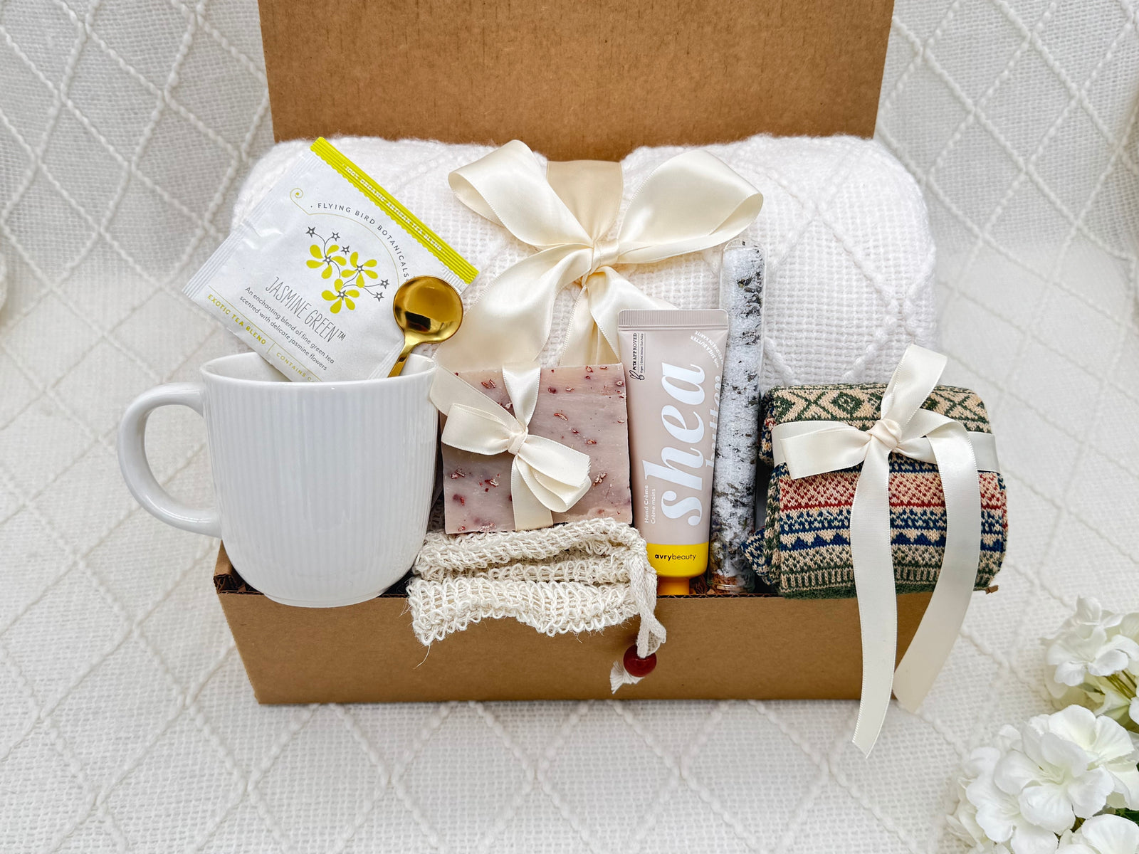 Cozy wellness gift basket with mug, soap and hand cream