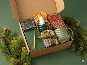 The First Noel Gift Box included nordic socks, green stripe coffee mug, pocket notebook with pen and cookies. 
