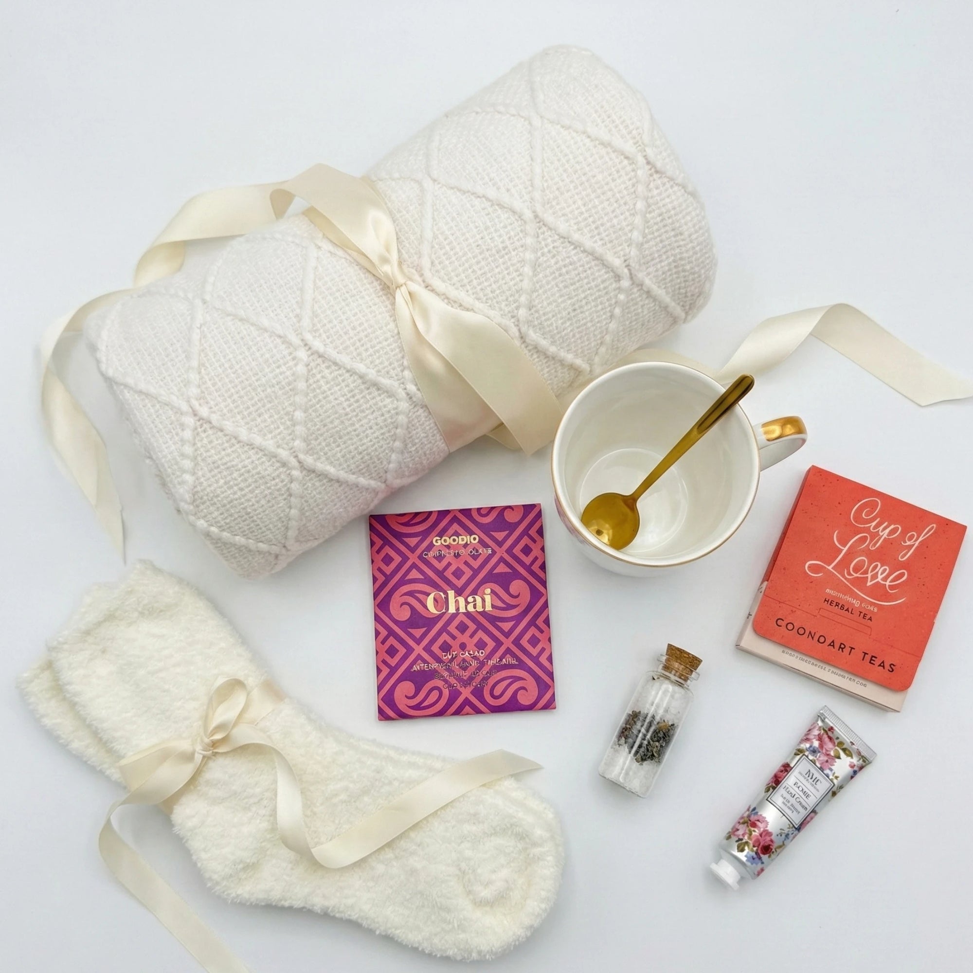 Top down flat lay view of Affection box items including Goodio chocolate and fluffy socks