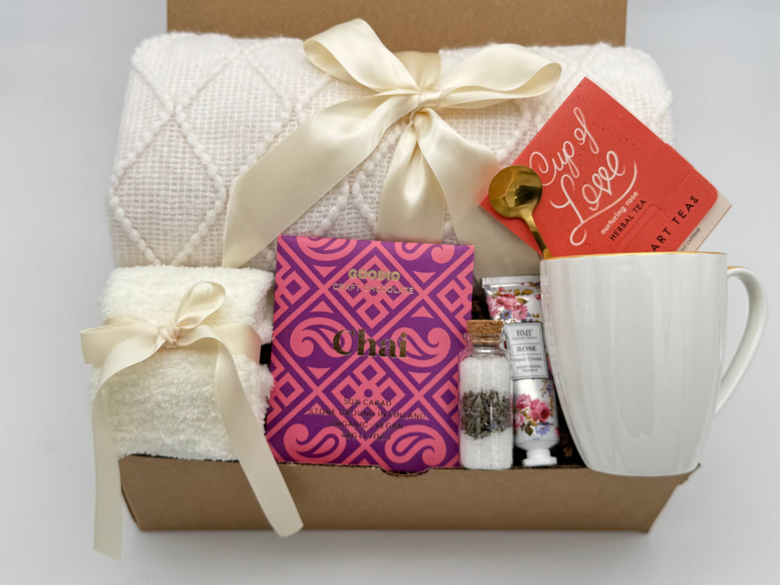Affection Gift Box with blanket, tea, chocolate, and pampering treats
