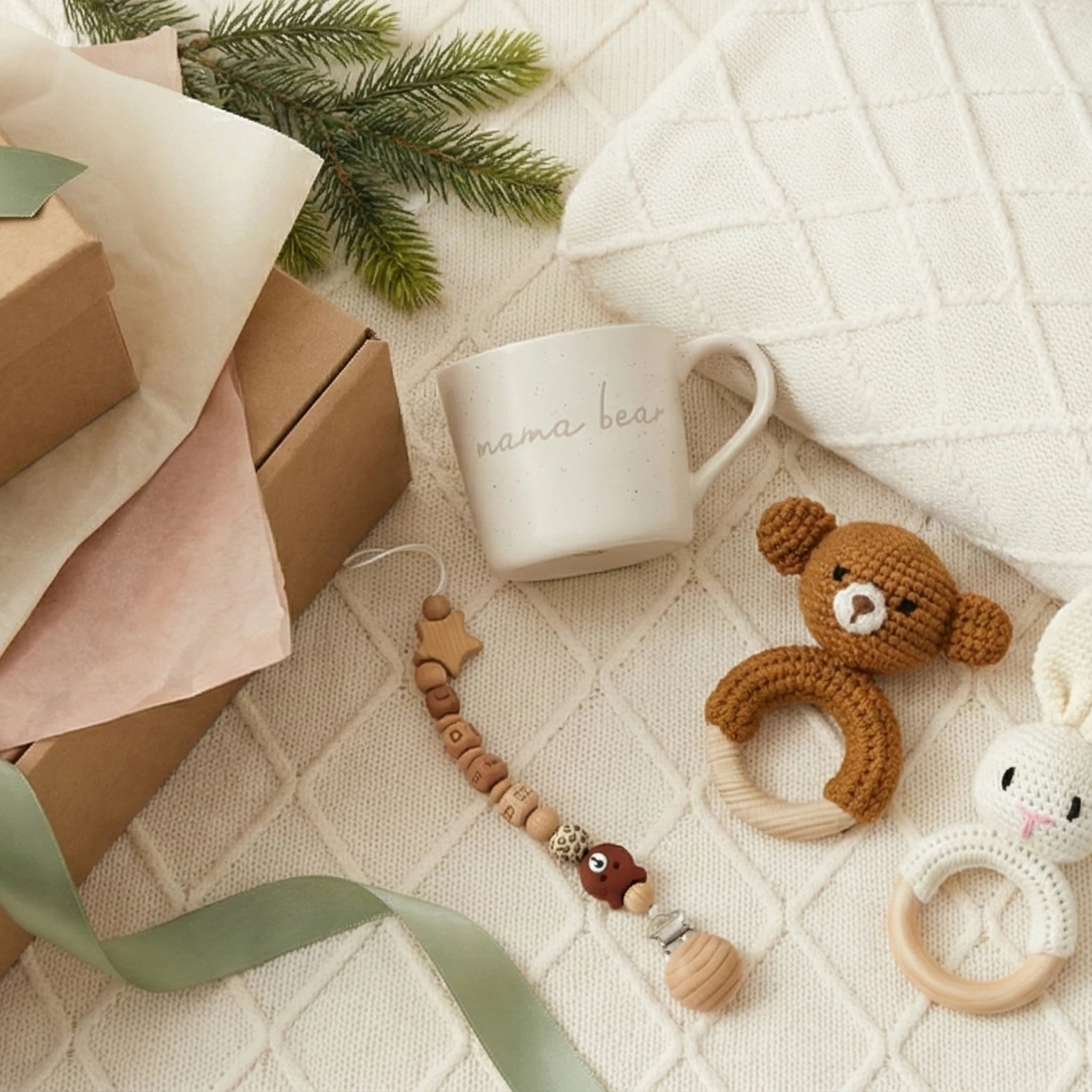 Heartwarming new mom and baby gift set with cozy essentials, hand-packed in Dallas by Arinna Gifts
