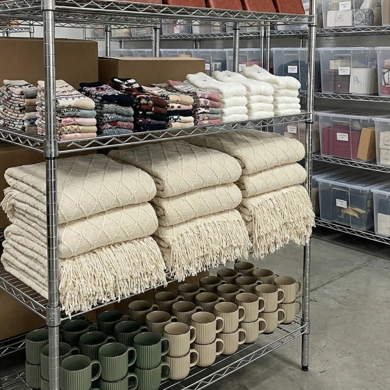Organized warehouse shelves in Dallas stocked with cozy blankets, mugs, and socks, ready for immediate shipping.