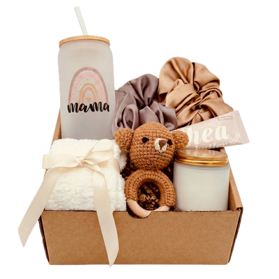Baby Rattle gift box with Mama glass tumbler, bear rattle and satin scrunchies by Arinna Gifts in Dallas