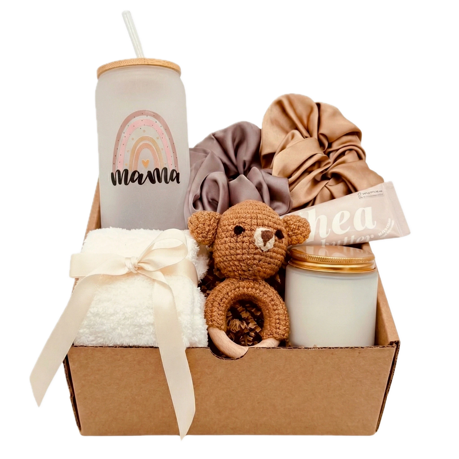 Baby Rattle gift box with Mama glass tumbler, bear rattle and satin scrunchies by Arinna Gifts in Dallas