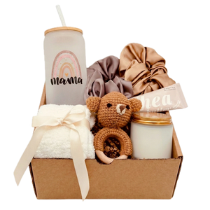Baby Rattle gift box with Mama glass tumbler, bear rattle and satin scrunchies by Arinna Gifts in Dallas