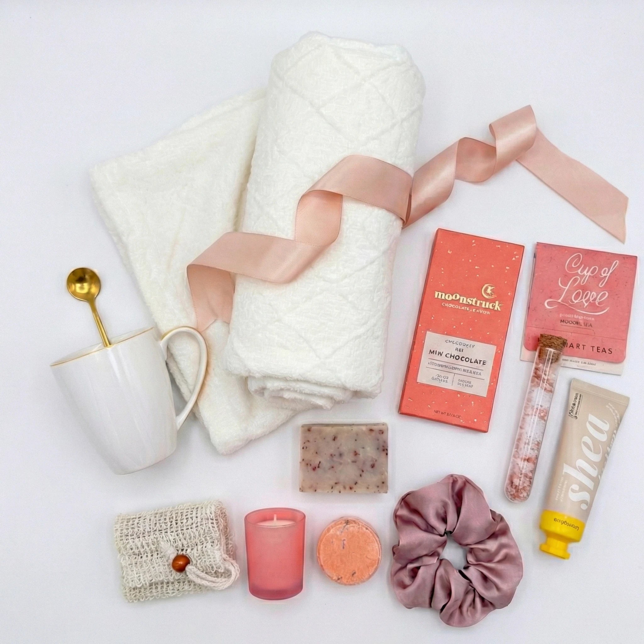 Luxury care package for women featuring soft textiles, artisan treats and premium packaging